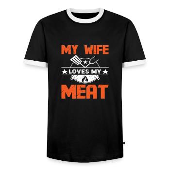 My Wife loves my Meat - Men's Ringer Shirt - black/white - Front - AI Model Female 172 light (172cm) & AI Model Male 178 light (178cm)
