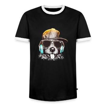 DJ Woof: Cooler Hund legt Tunes auf - Männer Kontrast-T-Shirt - Schwarz/Weiß - Vorne - AI Model Female 172 light (172cm) & AI Model Male 178 light (178cm)