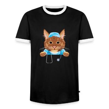 Mignon chat roux docteur - T-shirt contrasté Homme - noir/blanc - Devant - AI Model Female 172 light (172cm) & AI Model Male 178 light (178cm)