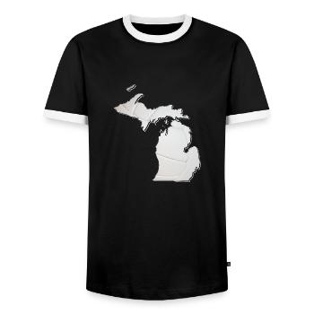 Michigan (United States) | real volleyball | Map - Men's Ringer Shirt - black/white - Front - AI Model Female 172 light (172cm) & AI Model Male 178 light (178cm)