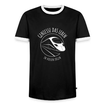 Genieße das Leben in vollen Zügen - Bahn - Zug - Männer Kontrast-T-Shirt - Schwarz/Weiß - Vorne - AI Model Female 172 light (172cm) & AI Model Male 178 light (178cm)