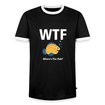 WTF T-shirt - Where's The Fish? YELLOW - Men's Ringer Shirt - black/white - Front - AI Model Female 172 light (172cm) & AI Model Male 178 light (178cm)