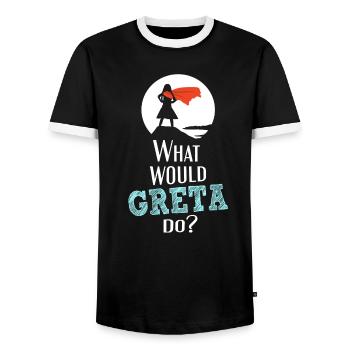 What would Greta do? - White Superhero Edition - Men's Ringer Shirt - black/white - Front - AI Model Female 172 light (172cm) & AI Model Male 178 light (178cm)