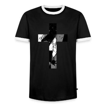 Crosses scratches old text jesus christ cool logo - Men's Ringer Shirt - black/white - Front - AI Model Female 172 light (172cm) & AI Model Male 178 light (178cm)