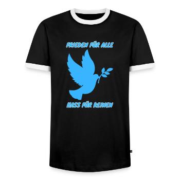 Demo Peace for All Hate for No 4 - Men's Ringer Shirt - black/white - Front - AI Model Female 172 light (172cm) & AI Model Male 178 light (178cm)