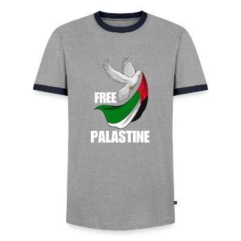 Free Palestine Design – Déclaration pour la paix - T-shirt contrasté Homme - gris/marine  - Devant - AI Model Female 172 light (172cm) & AI Model Male 178 light (178cm)