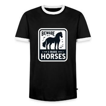 Vorsicht, ich reite Pferde - Männer Kontrast-T-Shirt - Schwarz/Weiß - Vorne - AI Model Female 172 light (172cm) & AI Model Male 178 light (178cm)