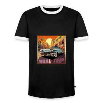 Road Trip,Car,America,Catoon Look - Men's Ringer Shirt - black/white - Front - AI Model Female 172 light (172cm) & AI Model Male 178 light (178cm)