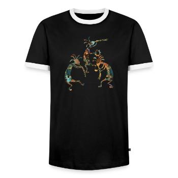 Native Americans - Kokopelli Musicans Trio 3 - Men's Ringer Shirt - black/white - Front - AI Model Female 172 light (172cm) & AI Model Male 178 light (178cm)