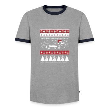 Dachshund Xmas Ugly Christmas Sweater - Men's Ringer Shirt - grey/navy  - Front - AI Model Female 172 light (172cm) & AI Model Male 178 light (178cm)
