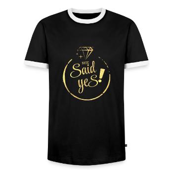 She Said yes gold - Men's Ringer Shirt - black/white - Front - AI Model Female 172 light (172cm) & AI Model Male 178 light (178cm)