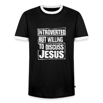 Faith for introverts - Men's Ringer Shirt - black/white - Front - AI Model Female 172 light (172cm) & AI Model Male 178 light (178cm)