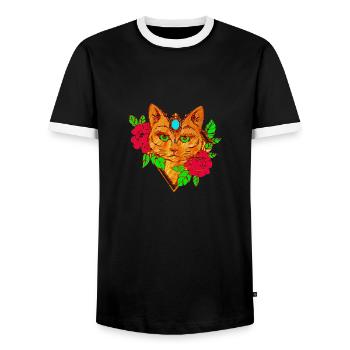 cat and flowers - Men's Ringer Shirt - black/white - Front - AI Model Female 172 light (172cm) & AI Model Male 178 light (178cm)