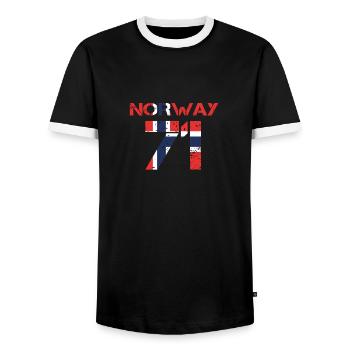 Football club team party em wm NORWAY 71 - Men's Ringer Shirt - black/white - Front - AI Model Female 172 light (172cm) & AI Model Male 178 light (178cm)
