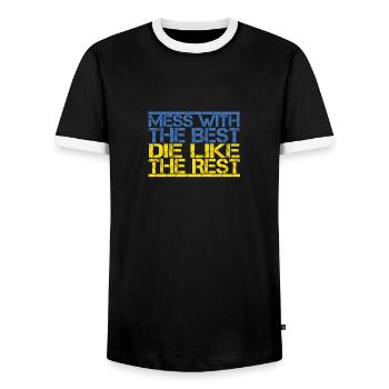 Accueil Mess avec le meilleur amour Ukraine .png - T-shirt contrasté Homme - noir/blanc - Devant - AI Model Female 172 light (172cm) & AI Model Male 178 light (178cm)