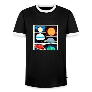 Planeten im Weltraum-Comic-Stil - Männer Kontrast-T-Shirt - Schwarz/Weiß - Vorne - AI Model Female 172 light (172cm) & AI Model Male 178 light (178cm)