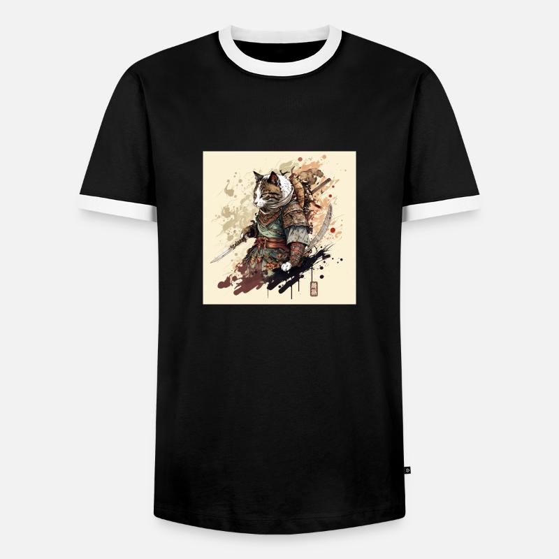 Samurai Katze - Männer Kontrast-T-Shirt - Schwarz/Weiß