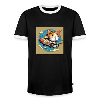 Cartoon fliegende Katze - Männer Kontrast-T-Shirt - Schwarz/Weiß - Vorne - AI Model Female 172 light (172cm) & AI Model Male 178 light (178cm)
