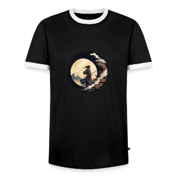 Nr. 15 : Japanischer Kunst-Samurai-Kämpfer Ukiyo_e Stil - Männer Kontrast-T-Shirt - Schwarz/Weiß - Vorne - AI Model Female 172 light (172cm) & AI Model Male 178 light (178cm)