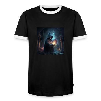 A powerful wizard casting a spell - Men's Ringer Shirt - black/white - Front - AI Model Female 172 light (172cm) & AI Model Male 178 light (178cm)