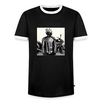 Motorcycle Pencil Drawing - Men's Ringer Shirt - black/white - Front - AI Model Female 172 light (172cm) & AI Model Male 178 light (178cm)