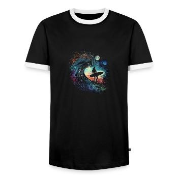 Surfer in der Galaxie - Männer Kontrast-T-Shirt - Schwarz/Weiß - Vorne - AI Model Female 172 light (172cm) & AI Model Male 178 light (178cm)