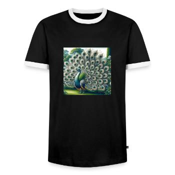 Pfau - Männer Kontrast-T-Shirt - Schwarz/Weiß - Vorne - AI Model Female 172 light (172cm) & AI Model Male 178 light (178cm)