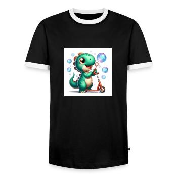 Dino en turquoise avec bulles de savon et rouleau - T-shirt contrasté Homme - noir/blanc - Devant - AI Model Female 172 light (172cm) & AI Model Male 178 light (178cm)