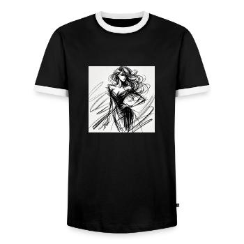 Croquis mode défilé omikly pop femme robe noire - T-shirt contrasté Homme - noir/blanc - Devant - AI Model Female 172 light (172cm) & AI Model Male 178 light (178cm)