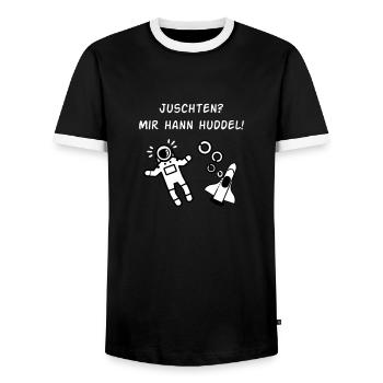 Juschten? Mir hann Huddel! - Männer Kontrast-T-Shirt - Schwarz/Weiß - Vorne - AI Model Female 172 light (172cm) & AI Model Male 178 light (178cm)
