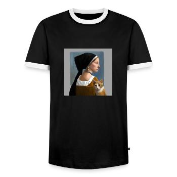 Katze mit Dame in Gemälde im Johannes Vermeer Stil - Männer Kontrast-T-Shirt - Schwarz/Weiß - Vorne - AI Model Female 172 light (172cm) & AI Model Male 178 light (178cm)