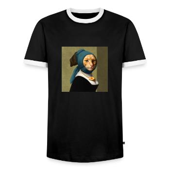 Gemälde einer Katze im Vermeer Stil - Männer Kontrast-T-Shirt - Schwarz/Weiß - Vorne - AI Model Female 172 light (172cm) & AI Model Male 178 light (178cm)
