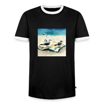 Seagulls on a towl at the beach - Männer Kontrast-T-Shirt - Schwarz/Weiß - Vorne - AI Model Female 172 light (172cm) & AI Model Male 178 light (178cm)