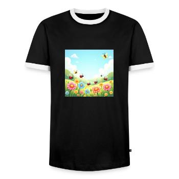 Joie printanière – Fleurs et insectes dansant - T-shirt contrasté Homme - noir/blanc - Devant - AI Model Female 172 light (172cm) & AI Model Male 178 light (178cm)