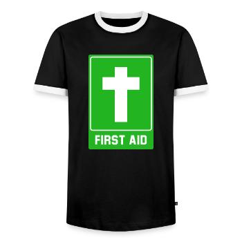 Cross First aid - Men's Ringer Shirt - black/white - Front - AI Model Female 172 light (172cm) & AI Model Male 178 light (178cm)