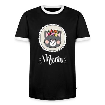 Niedliche Kawaii lustige Katze mit Blumen, die Miauen sagen - Männer Kontrast-T-Shirt - Schwarz/Weiß - Vorne - AI Model Female 172 light (172cm) & AI Model Male 178 light (178cm)