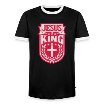 jesus is king Zitat - Männer Kontrast-T-Shirt - Schwarz/Weiß - Vorne - AI Model Female 172 light (172cm) & AI Model Male 178 light (178cm)