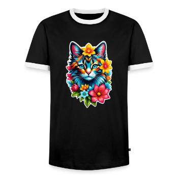 Katze und Blume Aquarell - Männer Kontrast-T-Shirt - Schwarz/Weiß - Vorne - AI Model Female 172 light (172cm) & AI Model Male 178 light (178cm)