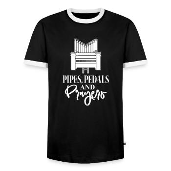 Pipes Pedals And Prayers Church Music Organ Player - Men's Ringer Shirt - black/white - Front - AI Model Female 172 light (172cm) & AI Model Male 178 light (178cm)