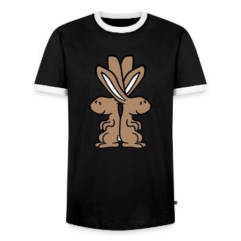 2 Bunnies Friends Team Pair Two Shoulder Leaning - Men's Ringer Shirt - black/white - Front - AI Model Female 172 light (172cm) & AI Model Male 178 light (178cm)