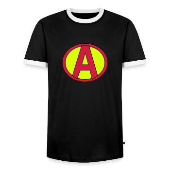 Super, Superheld, Superheldin, Hero, A - Männer Kontrast-T-Shirt - Schwarz/Weiß - Vorne - AI Model Female 172 light (172cm) & AI Model Male 178 light (178cm)