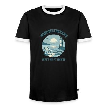 Nordseetherapie - Watt hilft immer - Männer Kontrast-T-Shirt - Schwarz/Weiß - Vorne - AI Model Female 172 light (172cm) & AI Model Male 178 light (178cm)