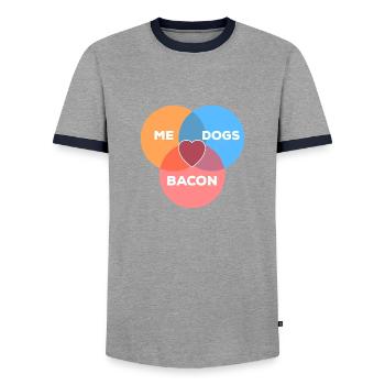 me + dogs + bacon - Men's Ringer Shirt - grey/navy  - Front - AI Model Female 172 light (172cm) & AI Model Male 178 light (178cm)