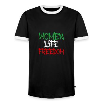 Women Life Freedom,Graffiti,Writing,Iran - Men's Ringer Shirt - black/white - Front - AI Model Female 172 light (172cm) & AI Model Male 178 light (178cm)