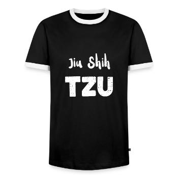 Jiu Shih Tzu - Dogs - Men's Ringer Shirt - black/white - Front - AI Model Female 172 light (172cm) & AI Model Male 178 light (178cm)