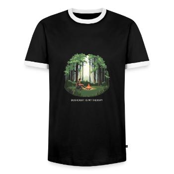Bushcraft is My Therapy – Nature & Survival - Men's Ringer Shirt - black/white - Front - AI Model Female 172 light (172cm) & AI Model Male 178 light (178cm)
