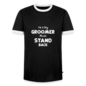 I'm A Dog Groomer Please Stand Back - Men's Ringer Shirt - black/white - Front - AI Model Female 172 light (172cm) & AI Model Male 178 light (178cm)