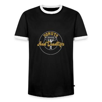 Donuts And Deadlifts - Gym - Men's Ringer Shirt - black/white - Front - AI Model Female 172 light (172cm) & AI Model Male 178 light (178cm)