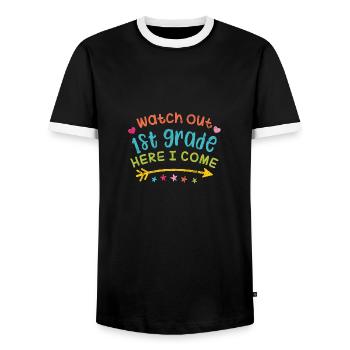 FIRST 1ST GRADE SCHOOL DAY BACK TO SCHOOL ABC SAYINGS - Men's Ringer Shirt - black/white - Front - AI Model Female 172 light (172cm) & AI Model Male 178 light (178cm)