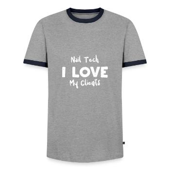Nail Tech J’aime mes clients - T-shirt contrasté Homme - gris/marine  - Devant - AI Model Female 172 light (172cm) & AI Model Male 178 light (178cm)